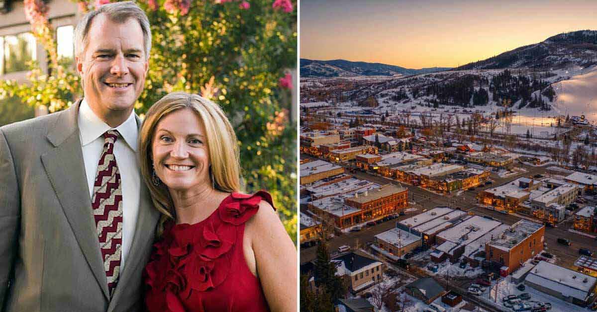 Two photos. On the left, Mark and Mary Stevens smile together in a portrait. On the right is an aerial view of Steamboat Springs, Colorado