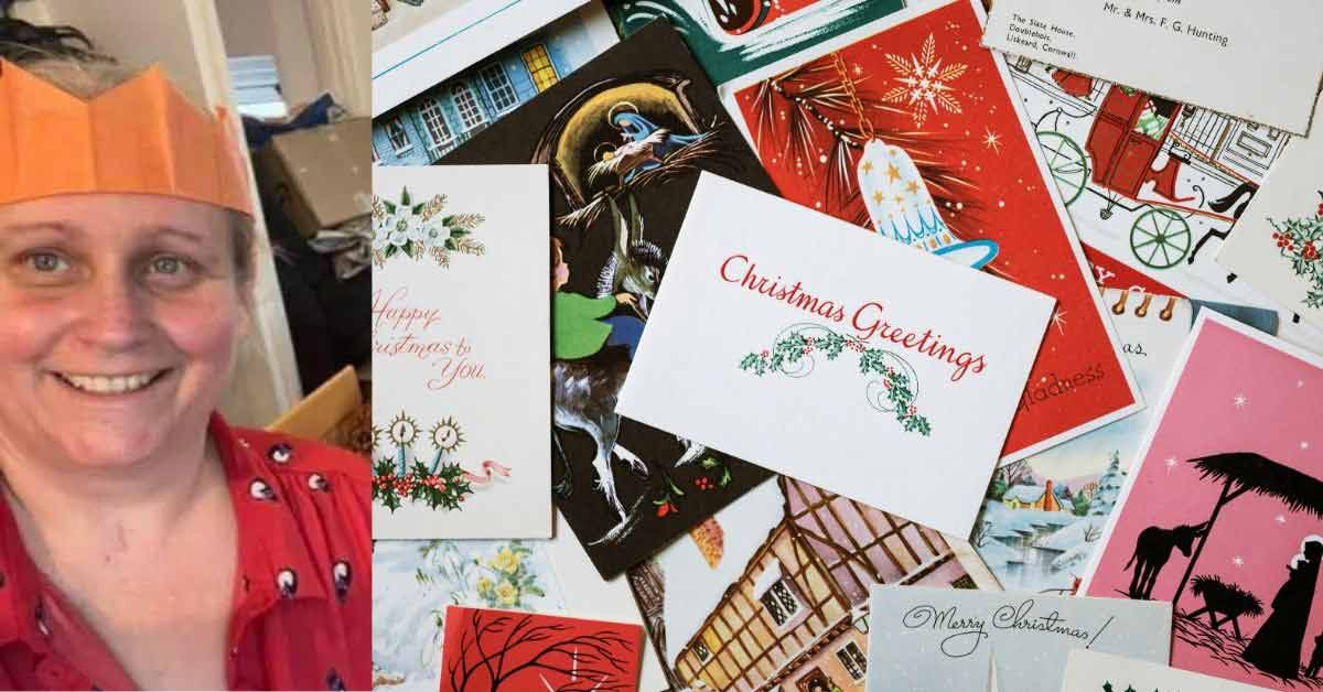 Two photos side-by-side. On the left is a woman in an orange holiday crown. On the right is a stack of Christmas cards
