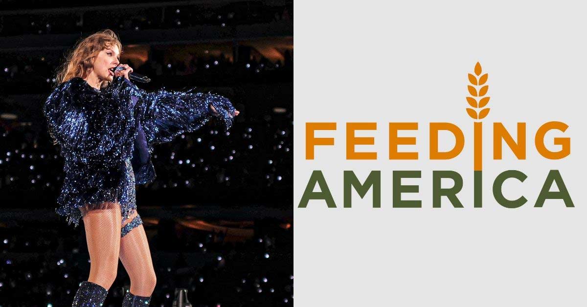 Two photos side by side. On the left, Taylor Swift sings on stage at the Eras Tour. On the right is the Feeding America logo