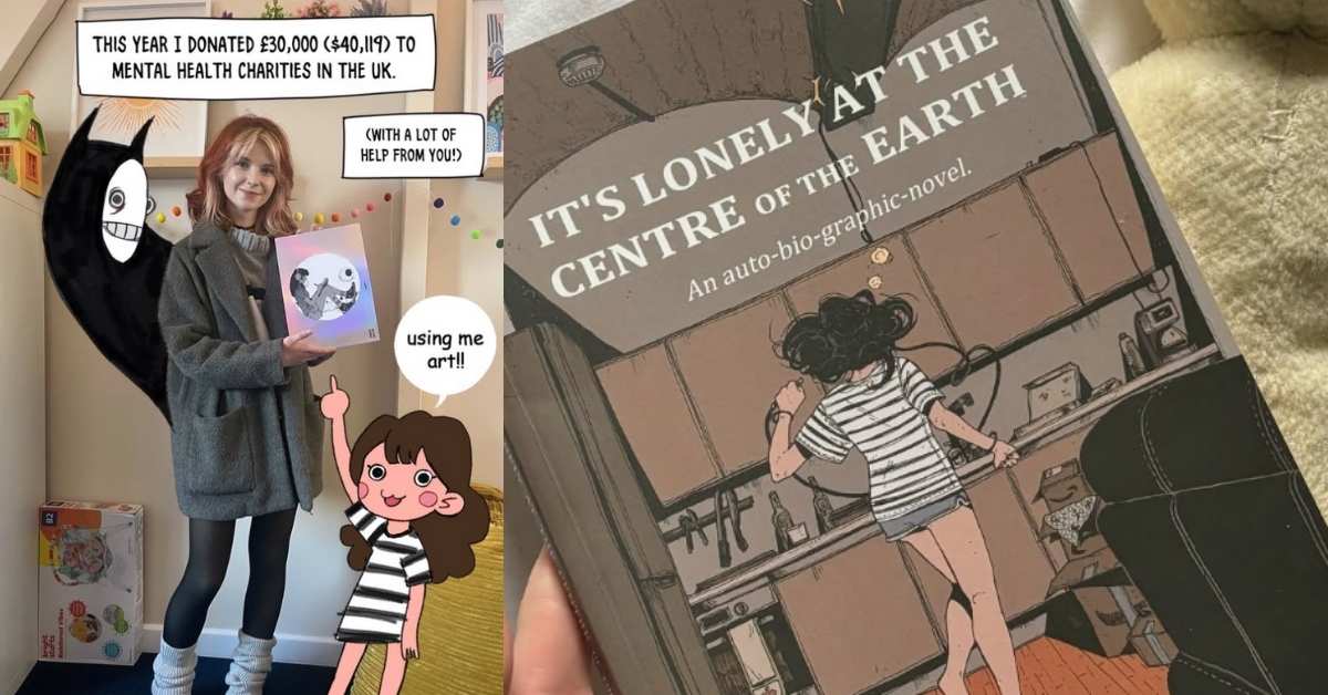 On the left, a young woman stands beside two cartoon creations she's made with an update reading that she donated $40,000 to mental health aid this year. On the right, a close-up of the front cover of "It's Lonely at the Centre of the Earth."