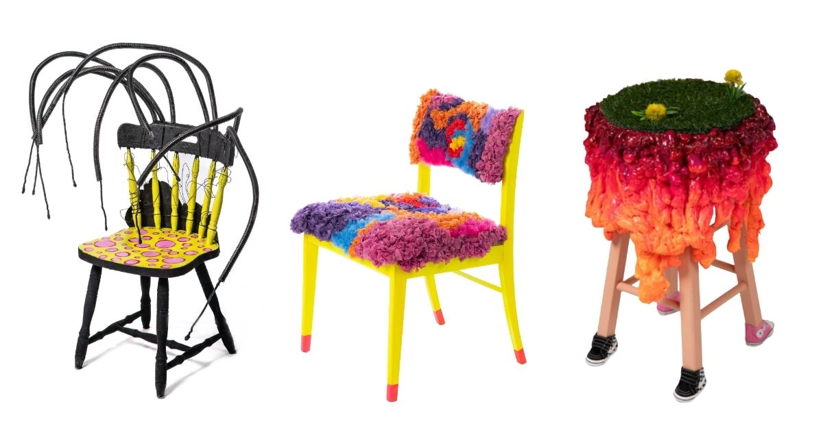Three highly artistic and colorful chairs, one with overhanging cords, another with colorful carpetlike padding, and the other shaped like a stool with lava spilling over the sides.