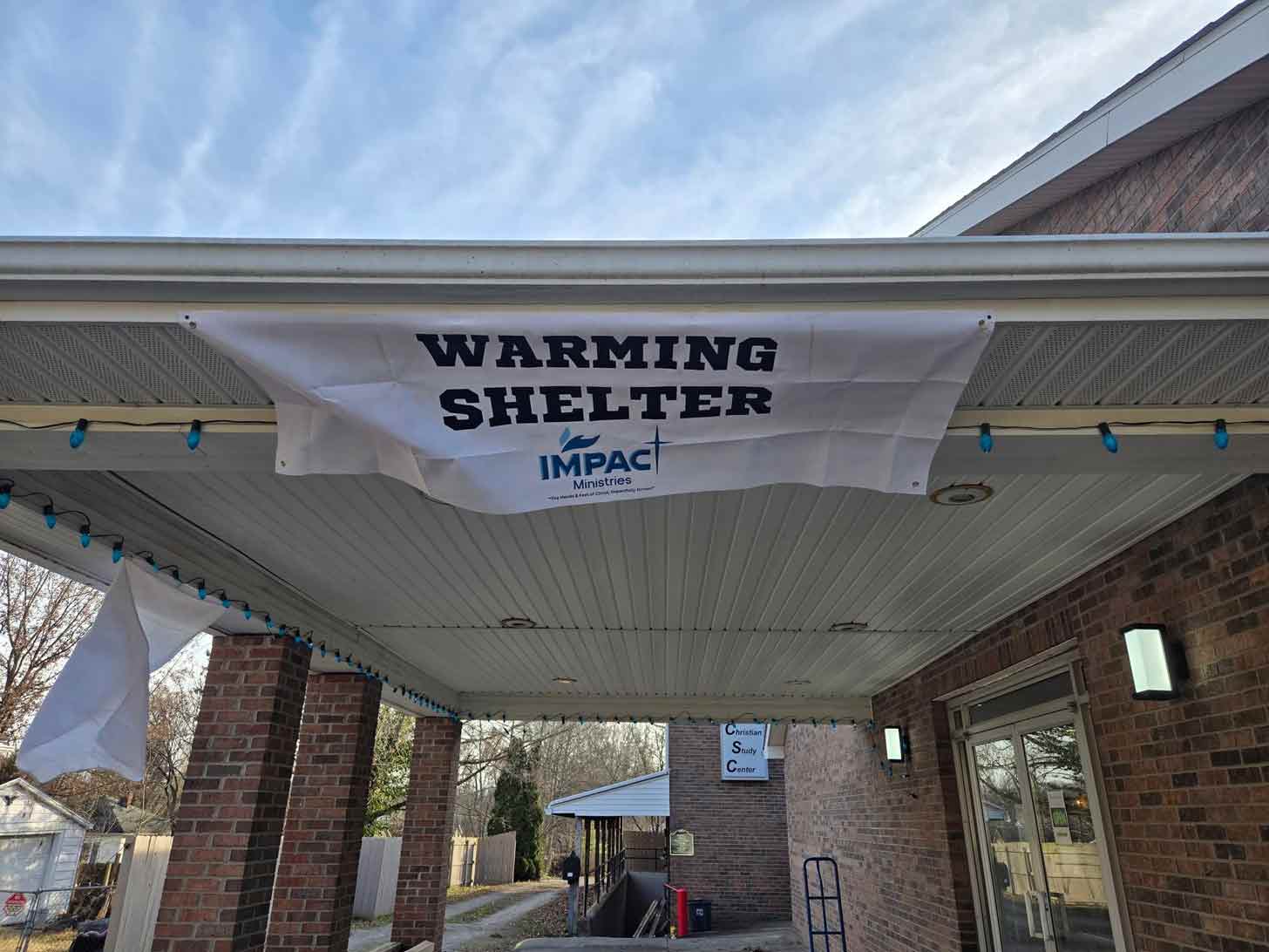 A banner indicating a warming center at Impact Ministries church in Boonville, Indiana 
