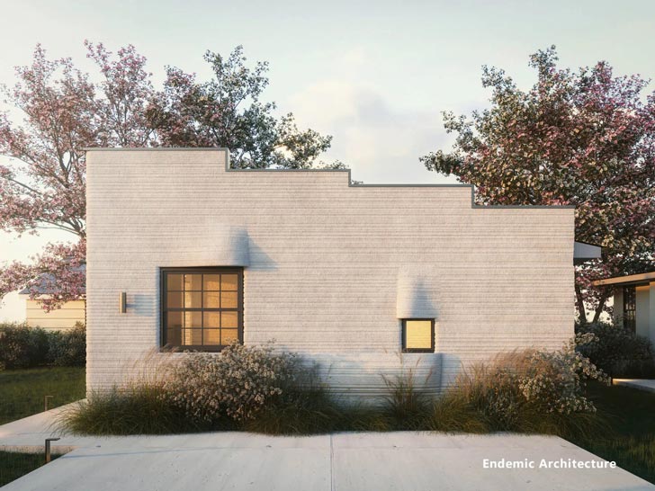 A rendering of a 3D-printed home in Olivehurst, California