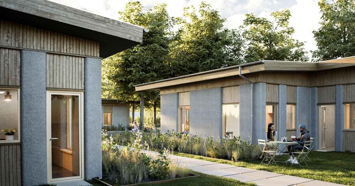 A courtyard of 3D printed homes in Denmark