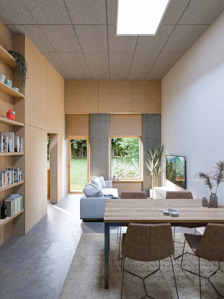 An interior rendering of a 3D printed apartment unit in Denmark, complete with high ceilings, natural light, and textured walls