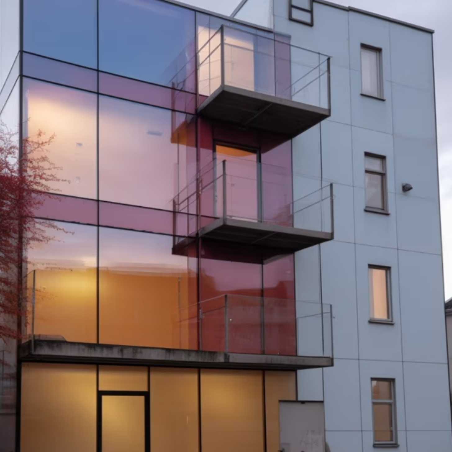 An apartment building with clear polycarbonate panels framing the facades.