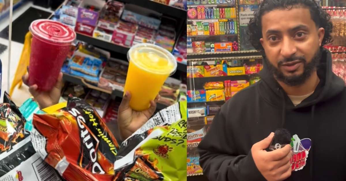 On the left, two tiny hands hold up to icees amidst a pile of food. On the right, Wail Alselwi speaks into a microphone behind the front counter of a bodega