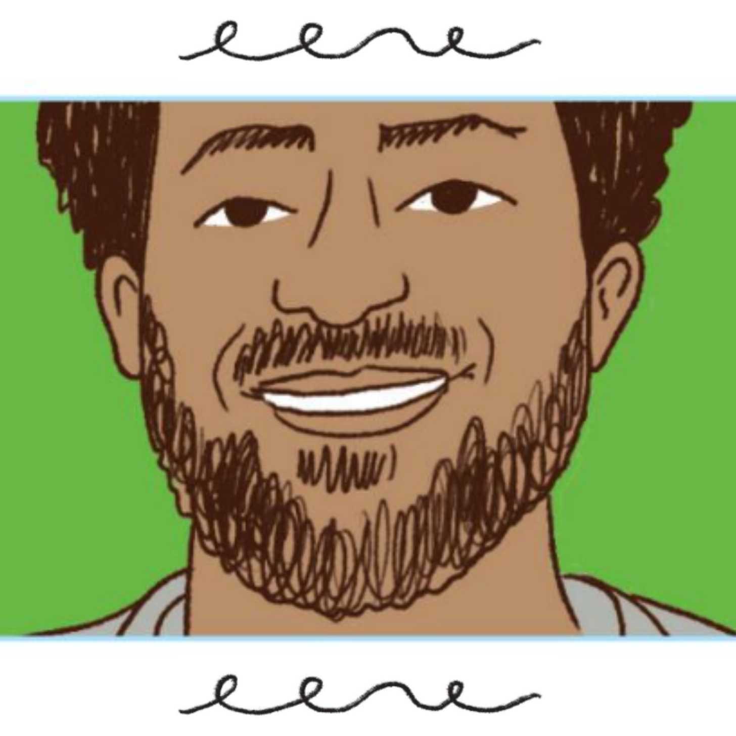 A drawing of a bearded man smiling in front of a green background