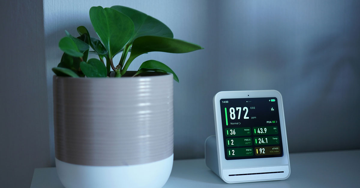 An air quality monitor sits next to a houseplant 