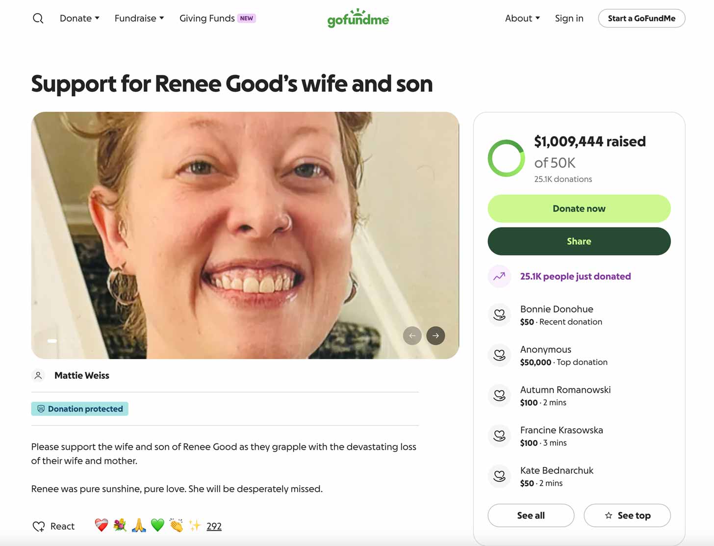A screenshot of a GoFundMe campaign for Renee Good surpasses $1M in donations