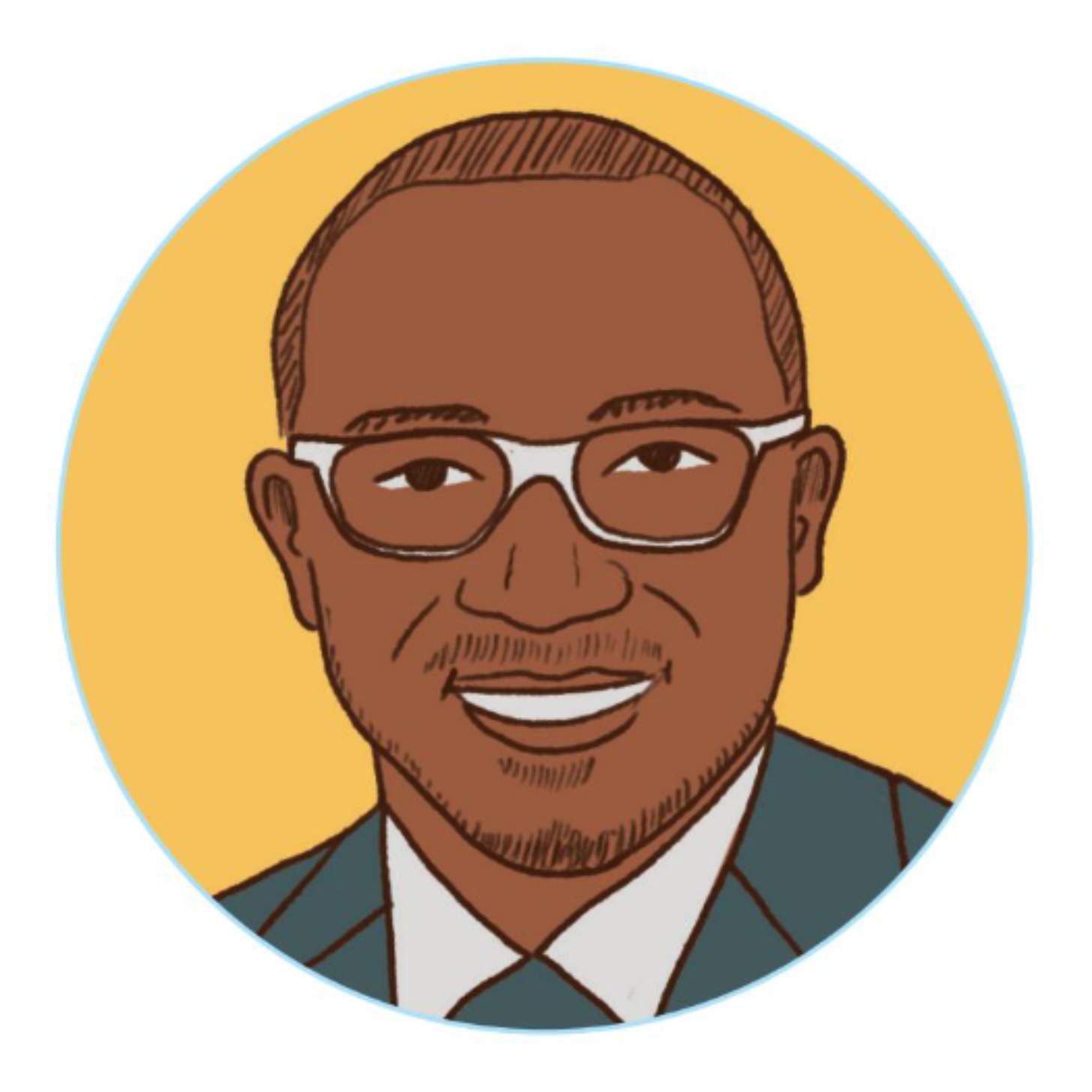 A young black man with glasses smiles in a drawing 