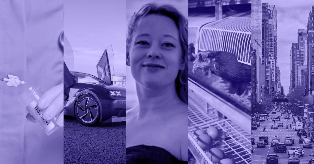 A hand holds a vial of medicine, an electric car with its doors open in the front, a portrait photo of Renee Nicole Good, a chicken with its head out of its pen, and an overview of a city's road full of cars