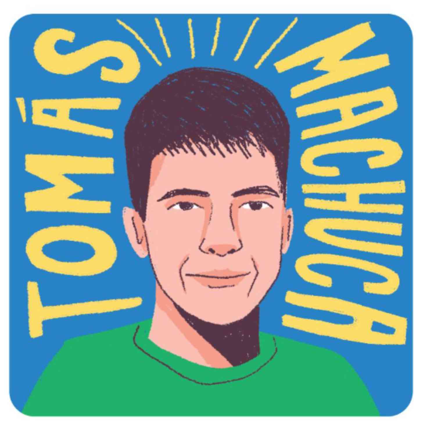 A drawing of a young Argentinian man in front of a blue background