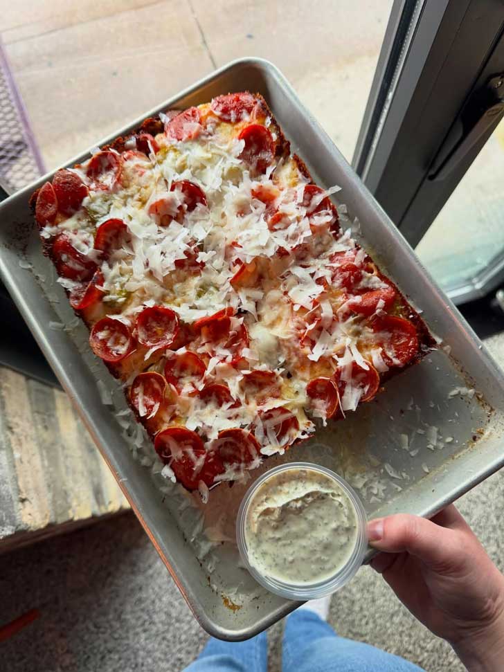 A rectangular-shaped pepperoni pizza from Minnesota's Wrecktangle