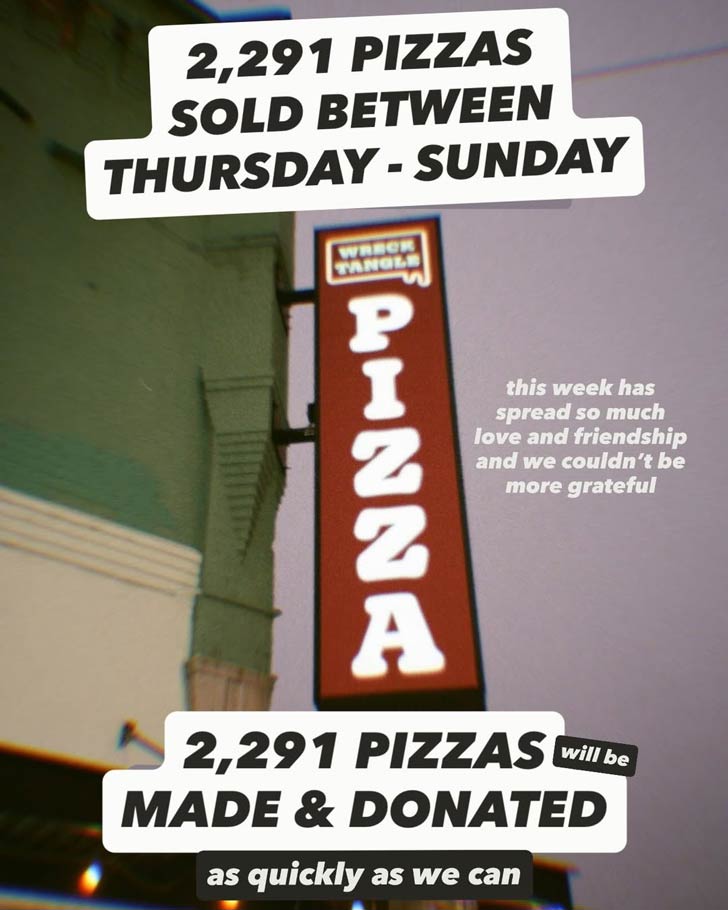 A screenshot of an Instagram story from Wrecktangle pizza in Minnesota, sharing that 2,291 pizzas will be donated to people in need