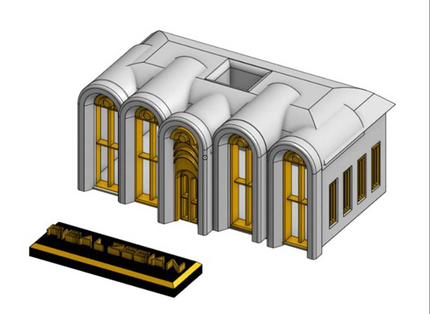 A 3D rendering of a modular tiny home with arched windows
