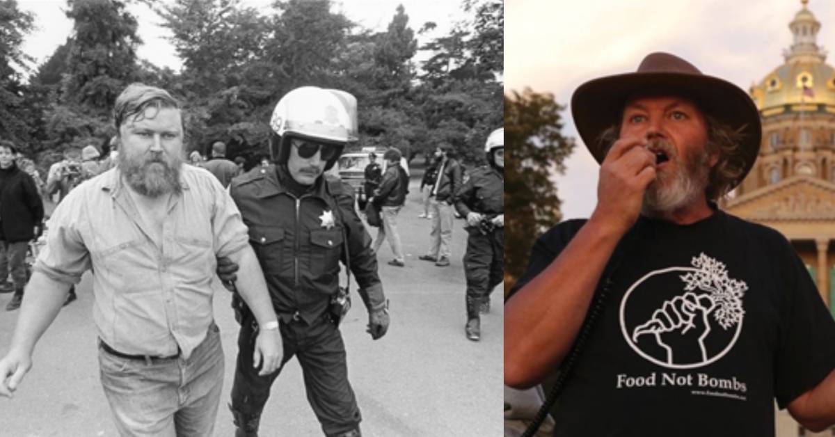 On the left, Keith McHenry, a young bearded white man is arrested in a black and white photo. On the right, an older Keith McHenry leads a protest. 
