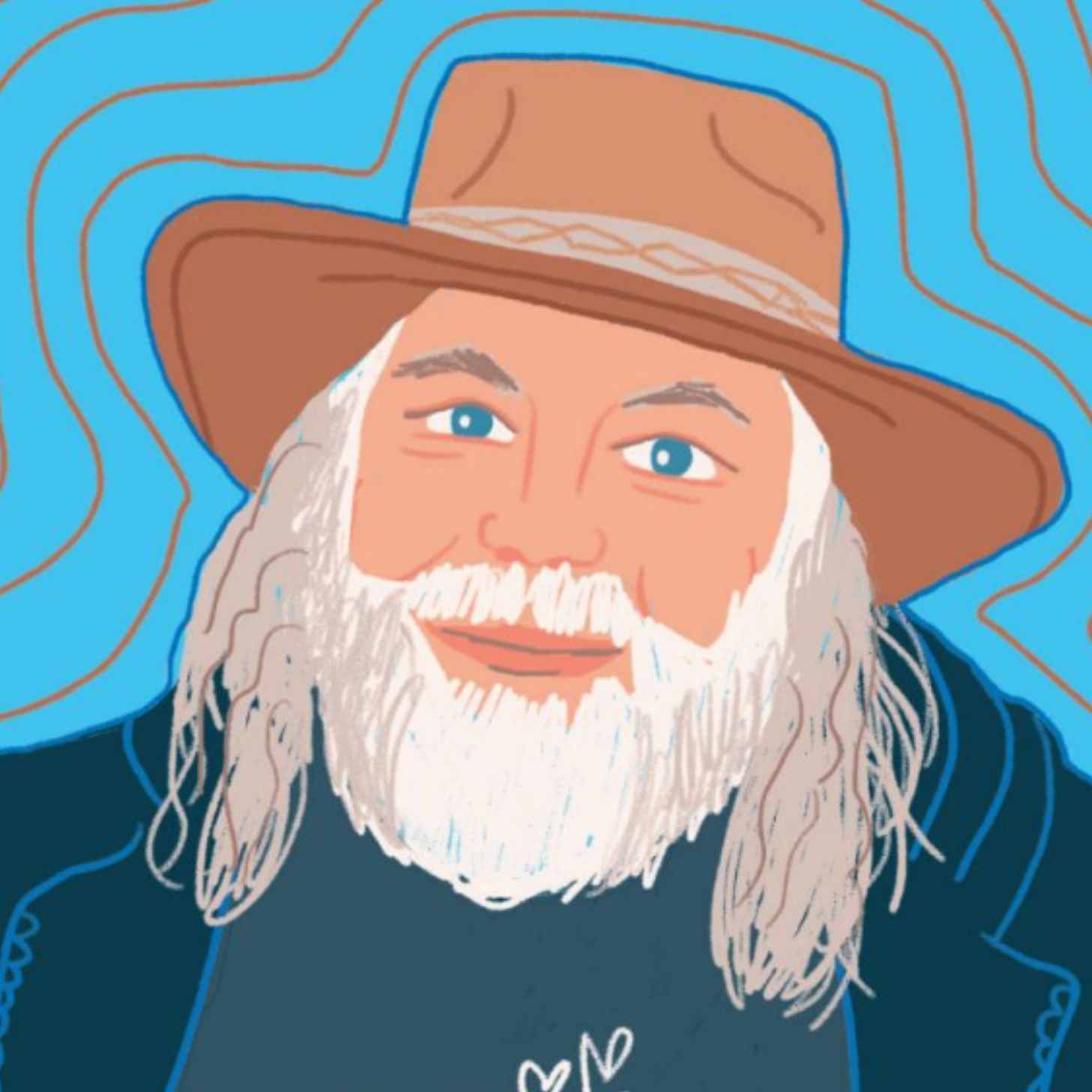 A drawing of a man with a white beard and a big brown hat smiling in front of a blue background