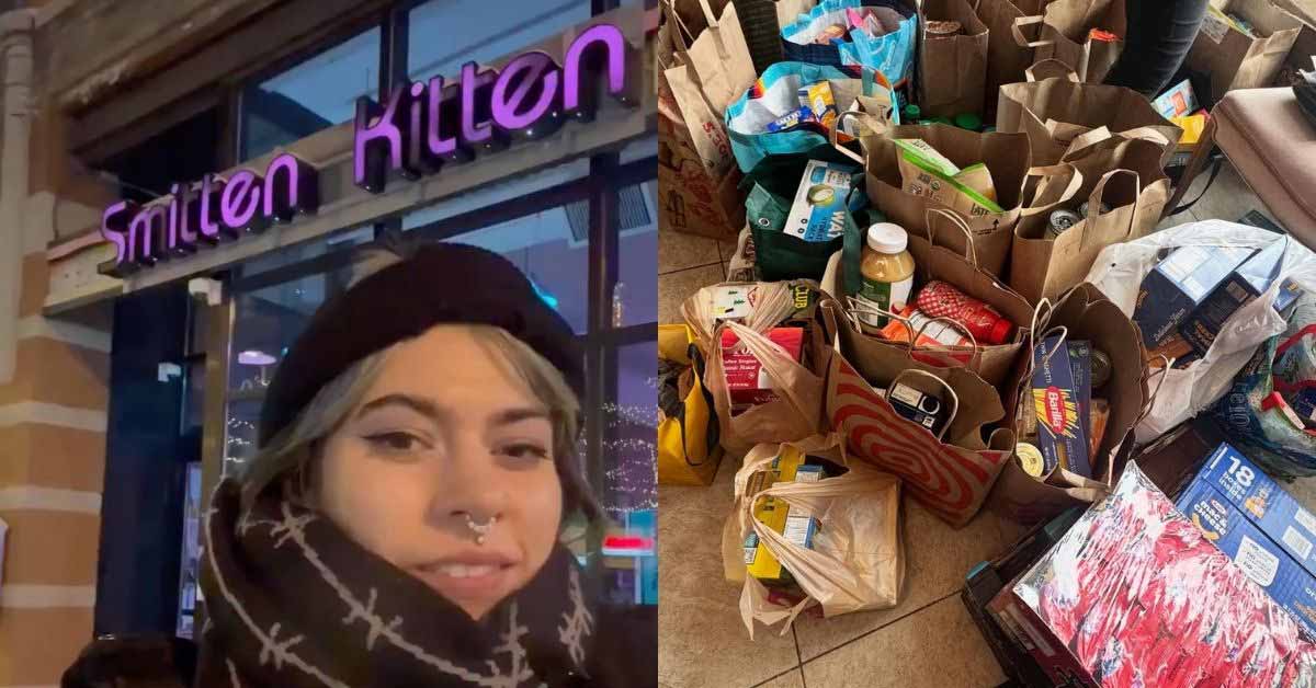 Two photos side by side. On the left is a screenshot of a video of a person speaking outside of Smitten Kitten, a sex shop in Minneapolis. On the right is an aerial view of canned food donations in brown paper bags