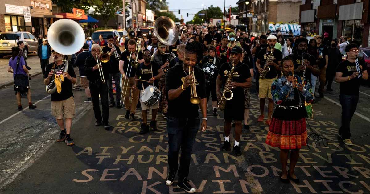 A brass band performs in George Floyd Square in Minneapolis