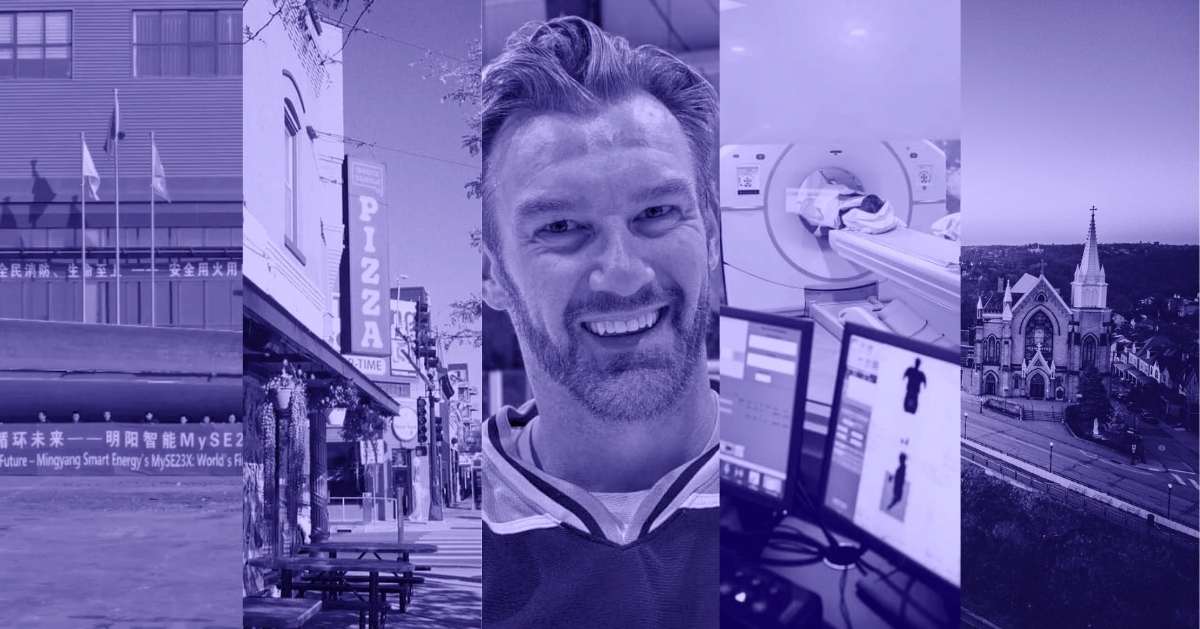 A photo collage of a building with flags in front of it, a pizza joint, a portrait of Jesse Kortuem smiling, a person inside a CT scan machine with 2 monitors in the foreground, and an aerial view of a church