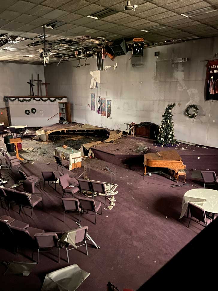 A church sanctuary damaged after a fire