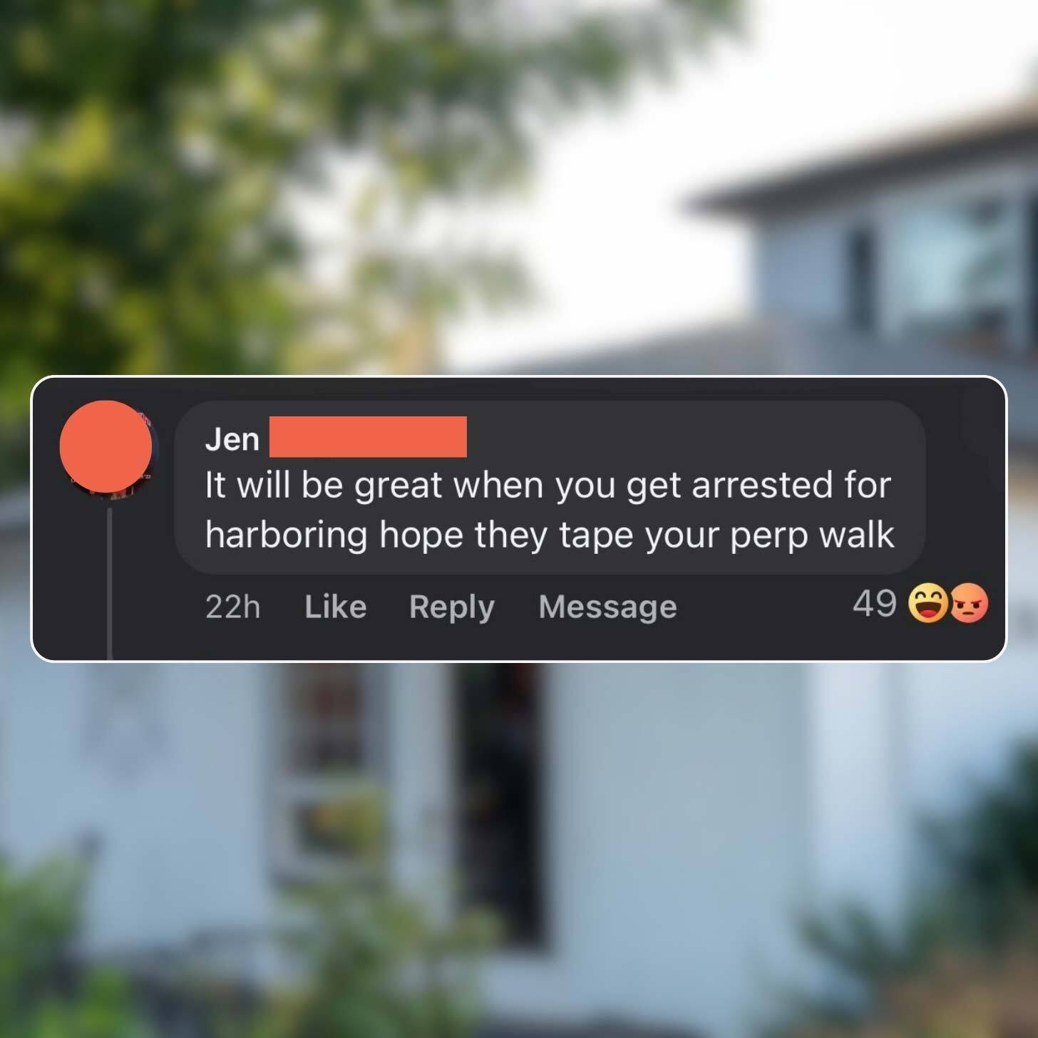 In the back, a blurred image of a coffee shop. In the foreground, a Facebook comment that reads: “It will be great when you get arrested for harboring hope they tape your perp walk.” 