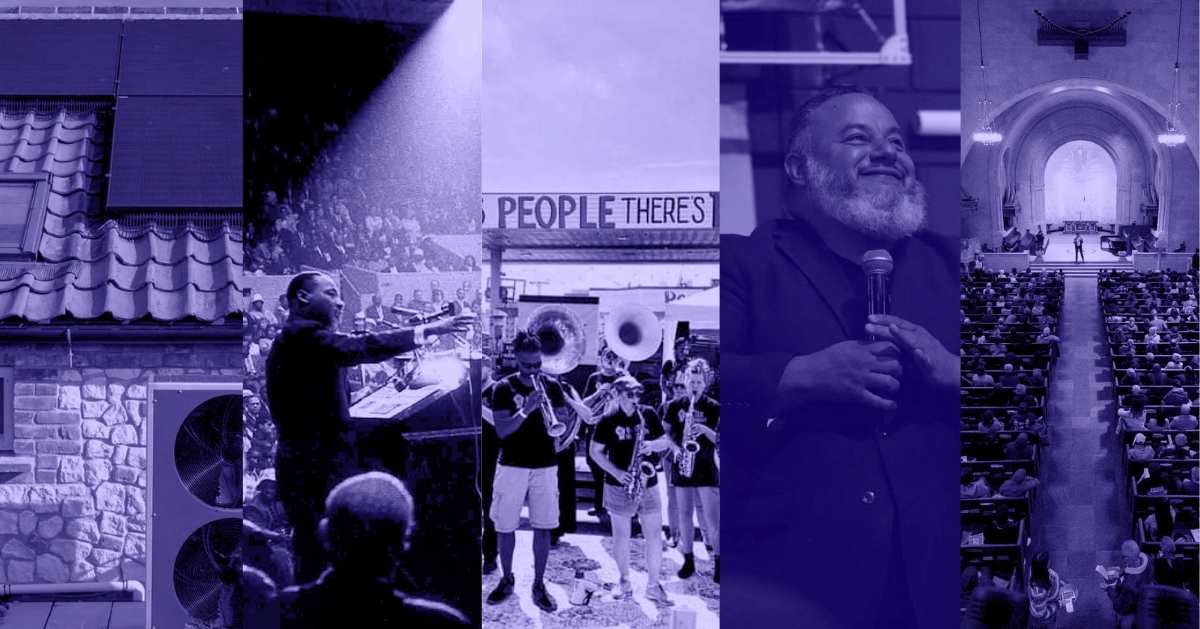 A photo collage of a house with solar panels on the roof, Martin Luther King, Jr. speaks in front of a crowd, people playing musical instruments in front of a crowd, a man holds a microphone while smiling, and an aerial view of crowded pews inside a church