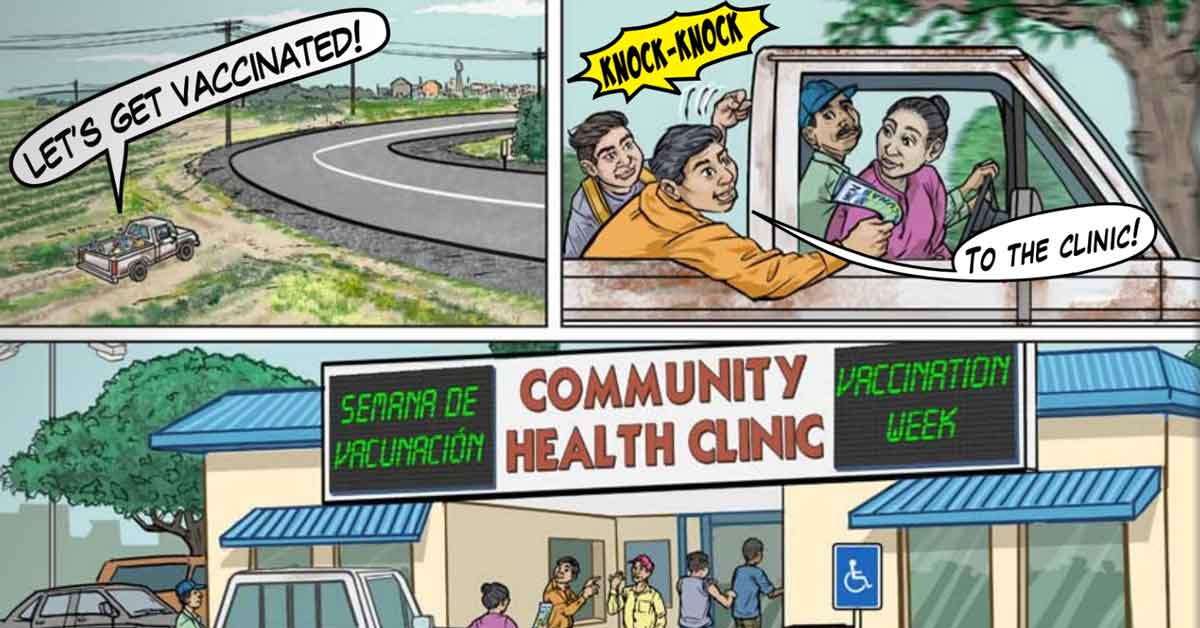 A screenshot of a comic book panel showing an immigrant family driving to a community health clinic to get vaccines