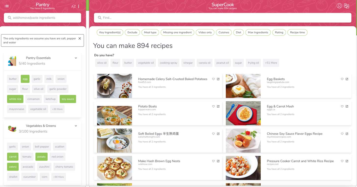 A screenshot of the SuperCook website with a list of recipes