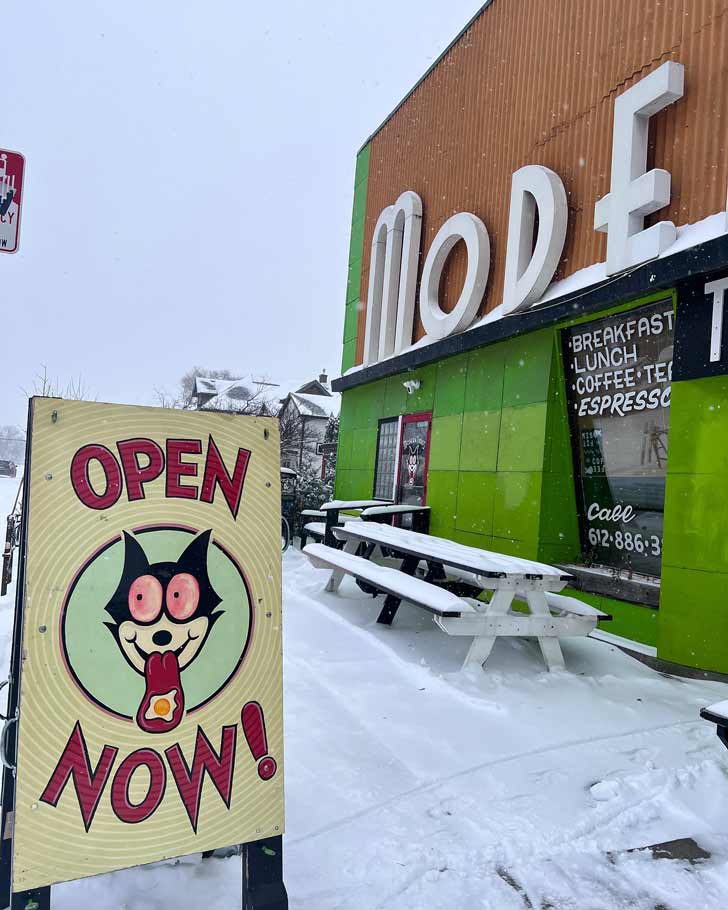 Modern Times Cafe in South Minneapolis on a snowy winter day