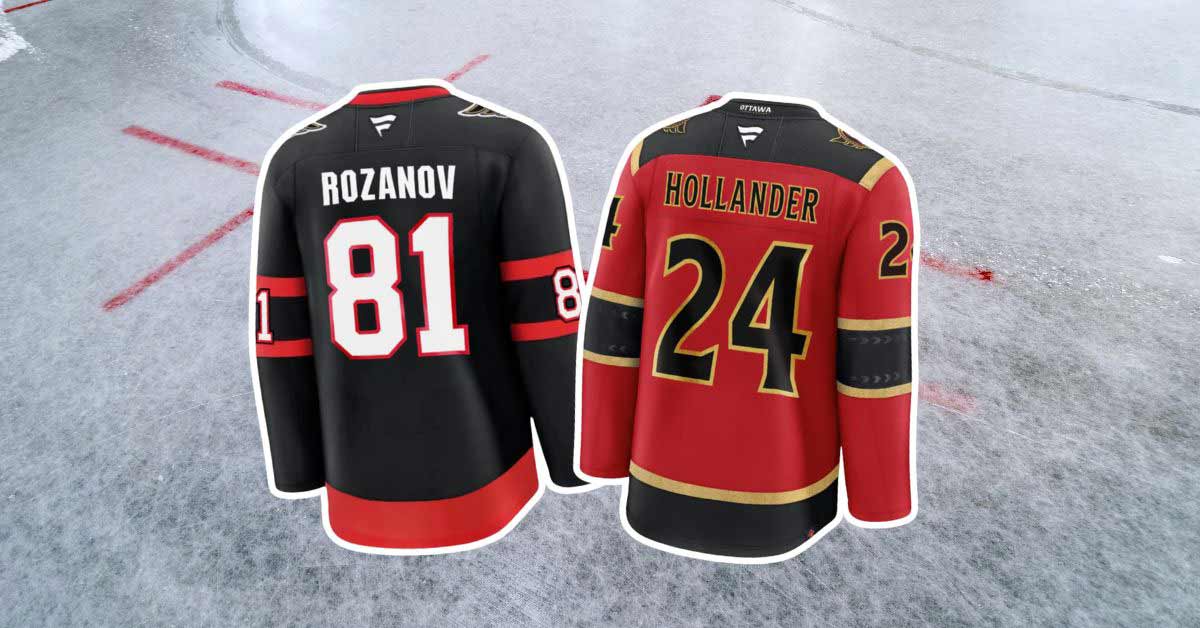 Atop a photo of a hockey rink are two Ottawa Senators jerseys. A black one has the number 81 and the name Rozanov, and a red one has the number 24 and the name Hollander, representing the hit show, "Heated Rivalry."