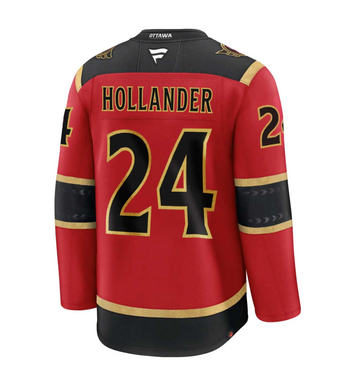 A red Ottawa Senators jersey with the name Hollander and the number 24