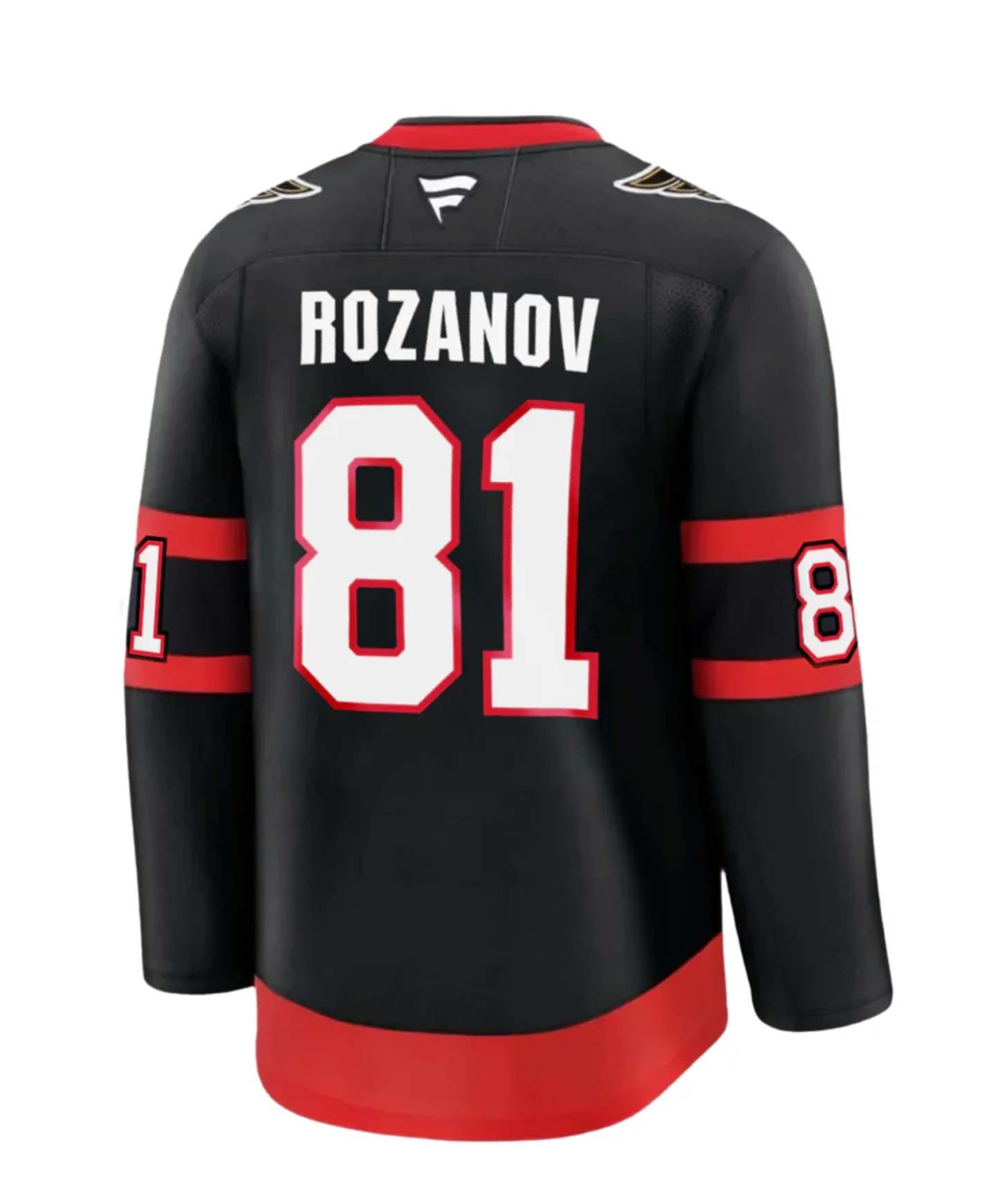 A black Ottawa Senators hockey jersey that reads: "Rozanov 81"
