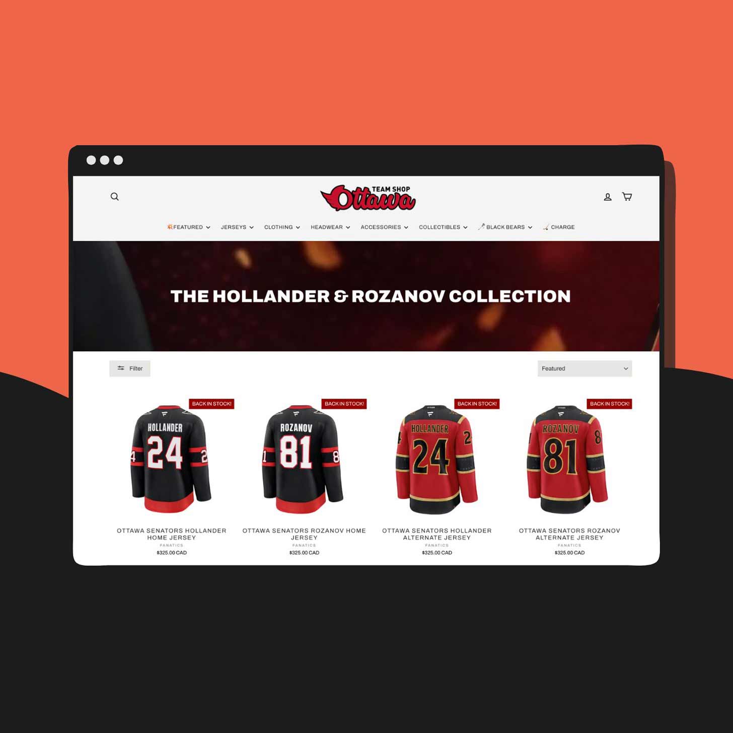 A screenshot of the Ottawa Senators online store