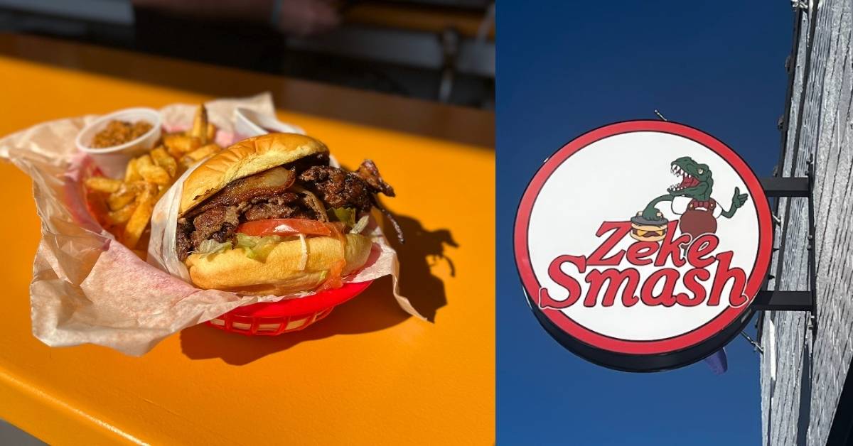 On the left, a smashburger in a diner basket on a yellow counter. On the right, a sign that says Zeke Smash with a T. rex holding a burger in its hand
