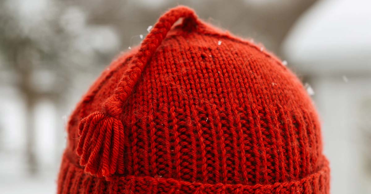 A red knitted "Melt the ICE" hat atop a person's head