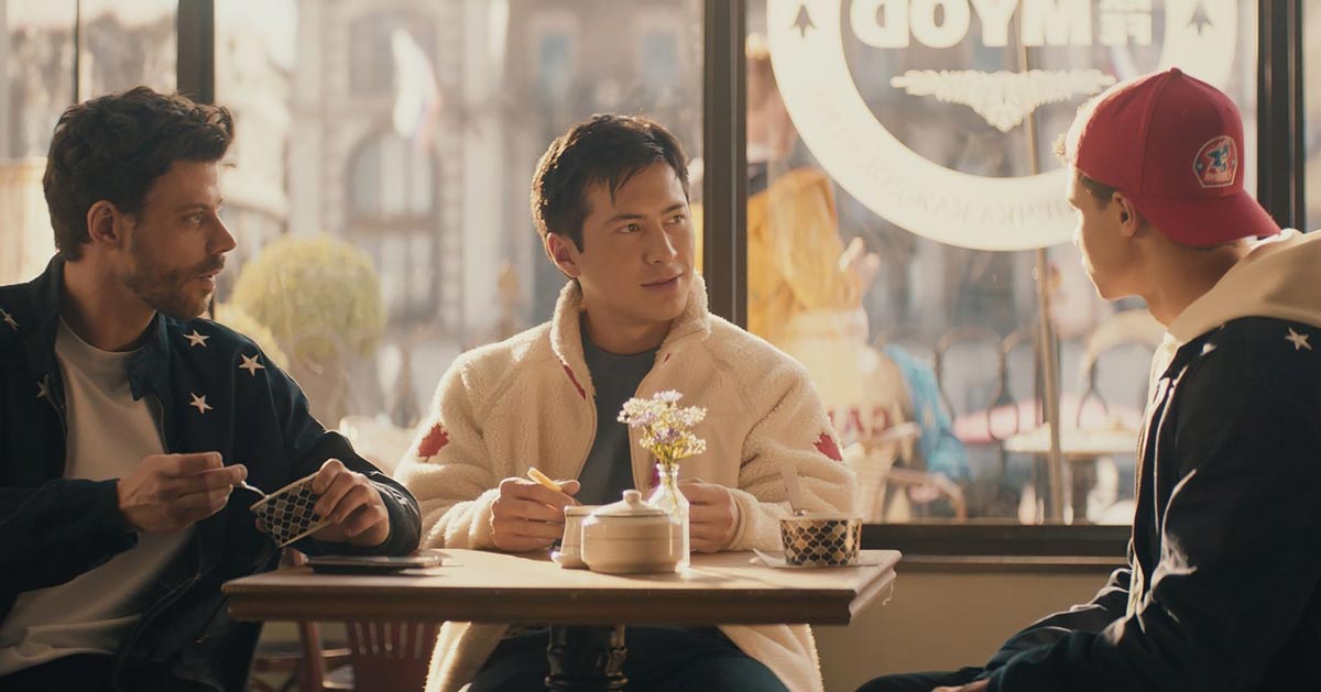 François Arnaud, Hudson Williams, and Kolton Stewart in episode 2 of "Heated Rivalry"