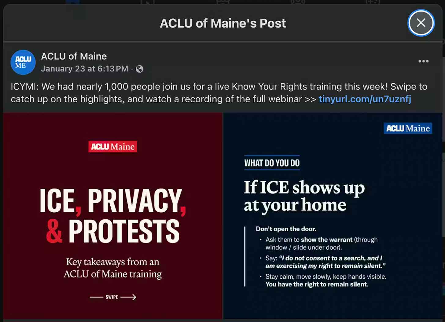 A post from the ACLU of Maine shares that 1,000 people showed up to a "Know Your Rights" training