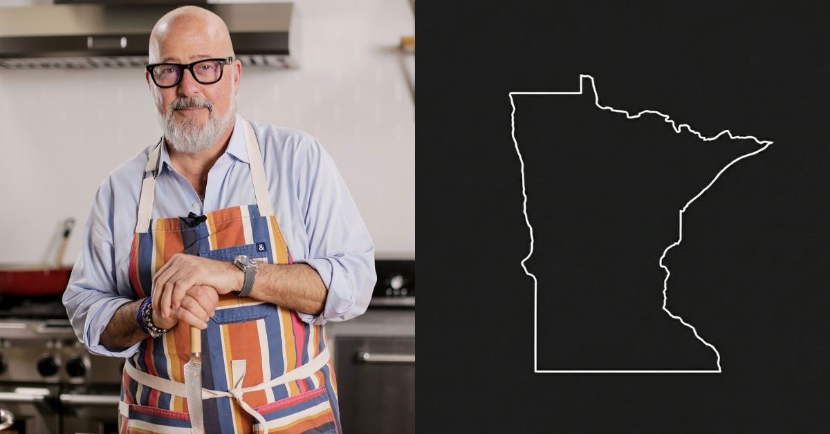 Two photos. On the left, Andrew Zimmern stands in a kitchen. On the right is a white outline of Minnesota on a black background