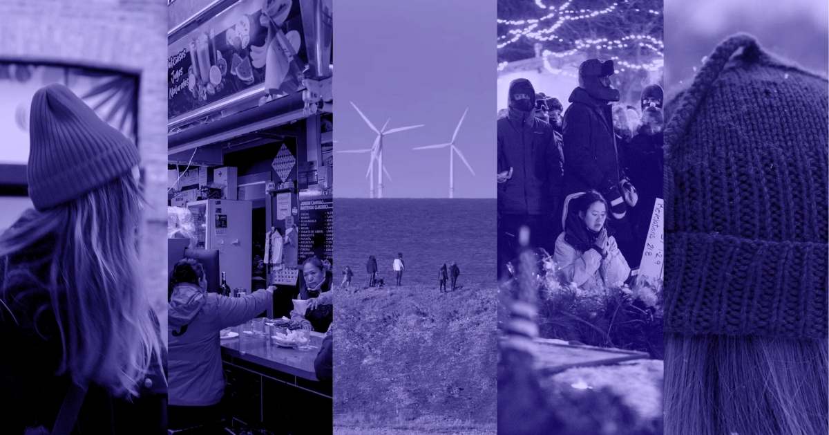 A woman wearing a knitted hat, a person hands money to a cashier, a wide shot of windmills and people on a hill, a woman prays in front of a vigil, and a knitted hat