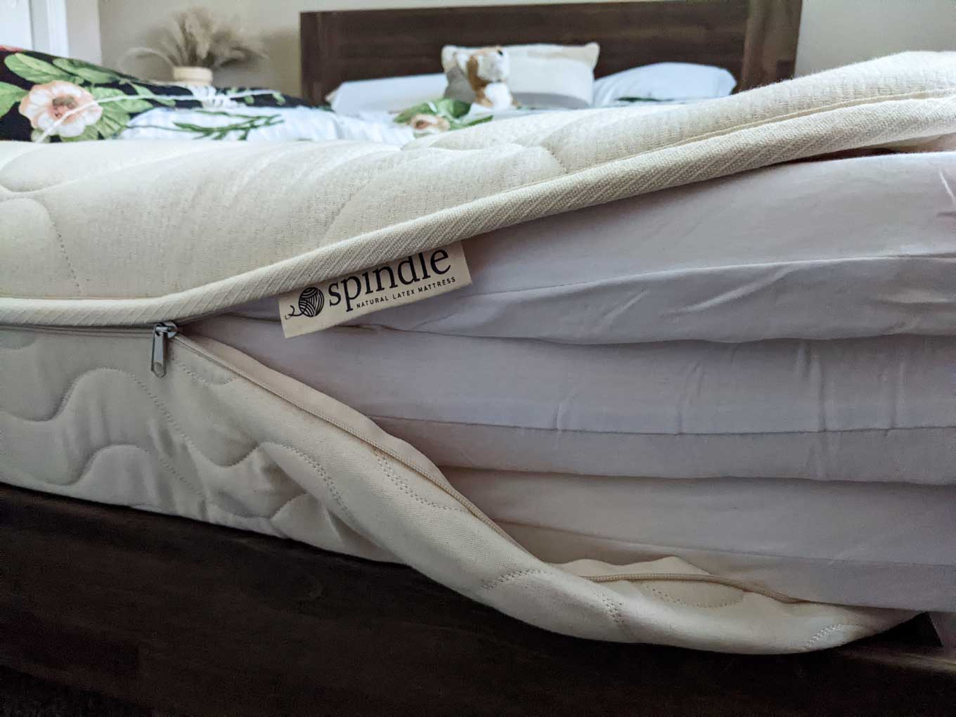 Closeup view of the three thin mattresses inside of the Spindle mattress