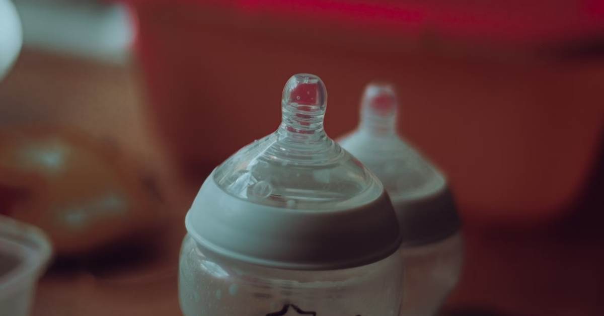 Two baby bottles pictured up close