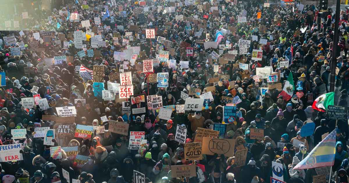 An aerial photo of thousands of people protesting ICE in the streets of Minneapolis