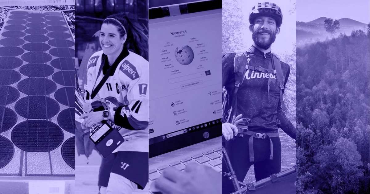 A photo collage of a solar panel, Jacquie Pierri pictured inside a hockey rink, a laptop screen showing the Wikipedia homepage, Alex Pretti posing with his bicycle, and an aerial view of a forest