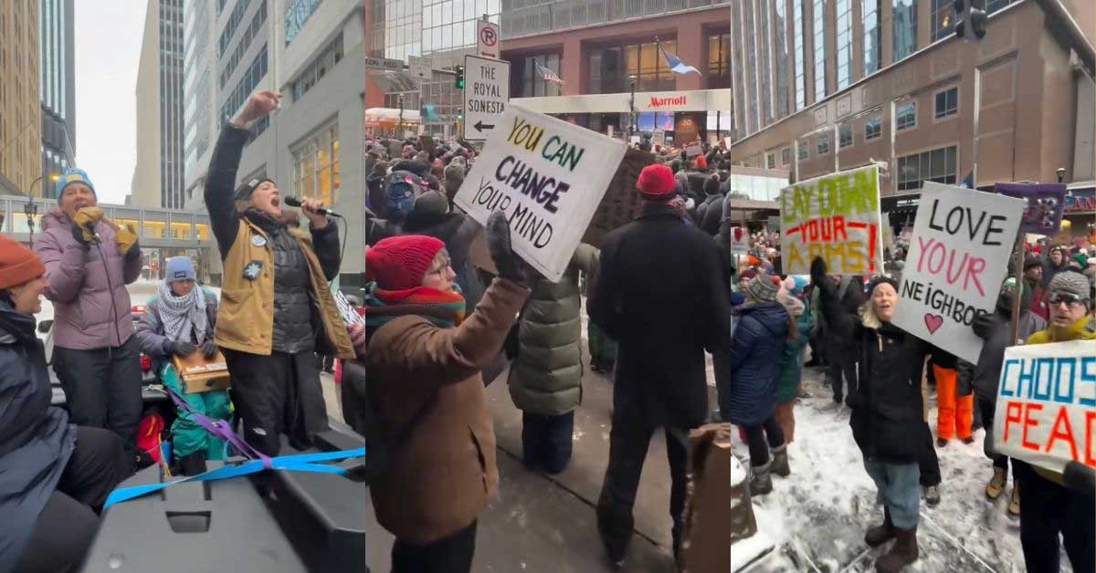 Three photos side-by-side of people singing and holding up signs at a protest in Minneapolis