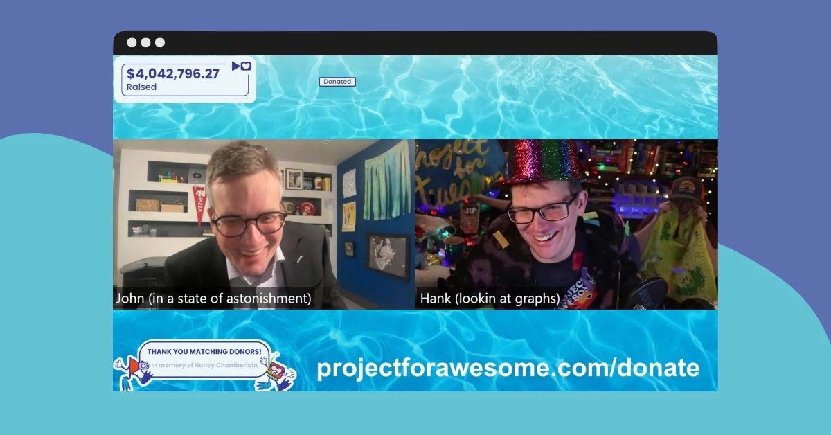 A screenshot of John and Hank Green streaming on the Project For Awesome YouTube livestream
