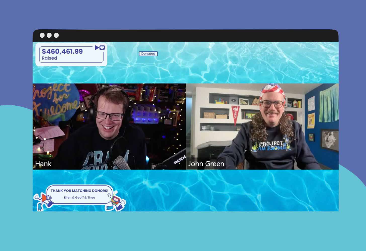 A screenshot of John and Hank Green streaming on the Project For Awesome YouTube livestream