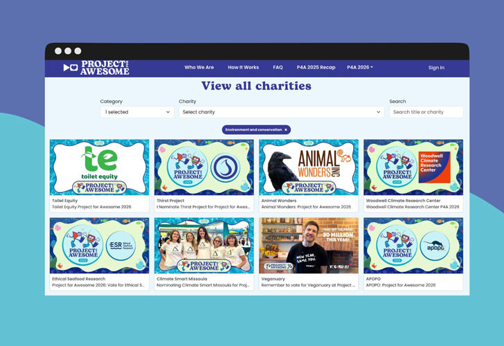 A screenshot of charity nomination videos on the 2026 Project For Awesome website