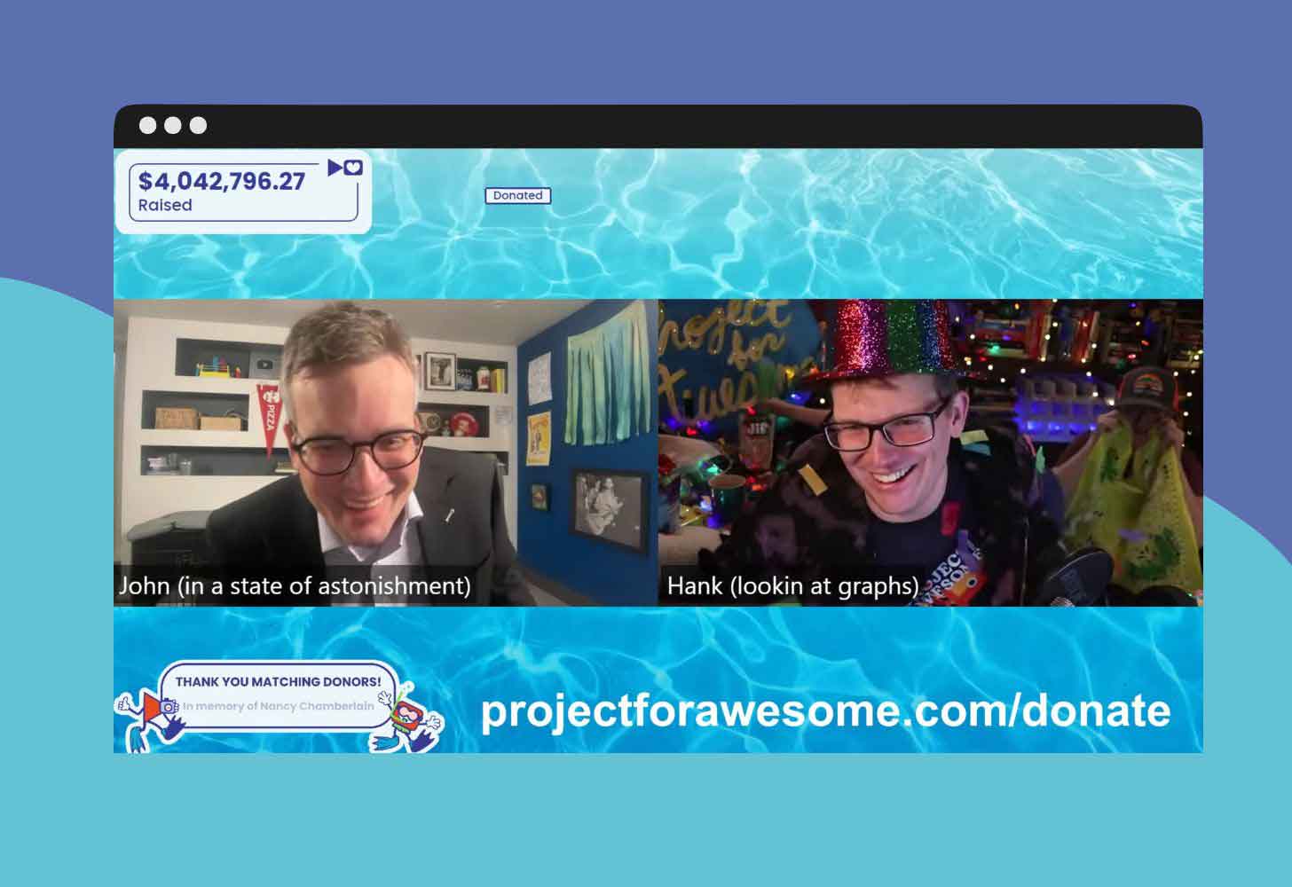 A screenshot of John and Hank Green celebrating raising $4M on the 2026 Project For Awesome